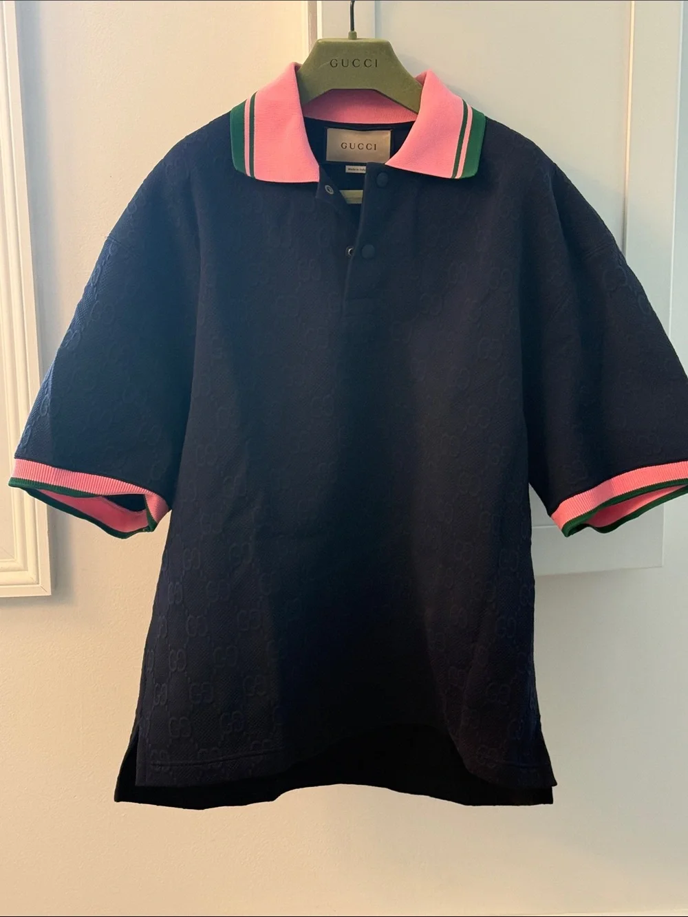 Gucci Navy Polo with Pink Collar and Green Trim